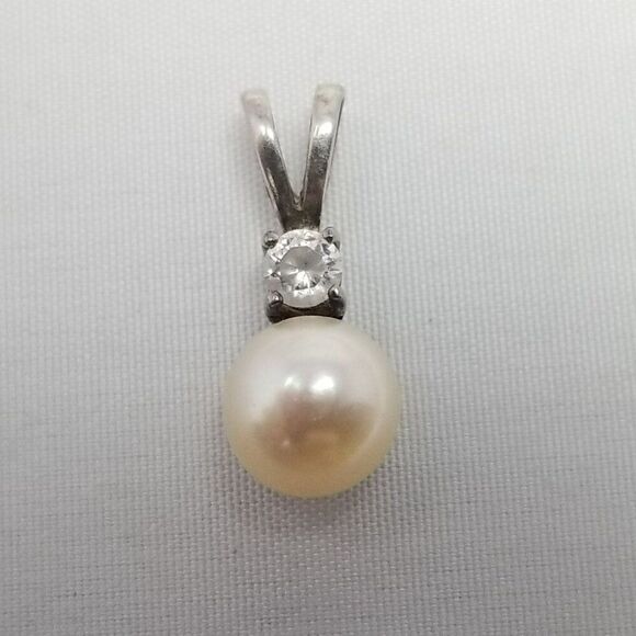 Vintage Avon Sterling Silver Faux Pearl Pendant, Rhinestone, Small, Signed - Picture 8 of 9